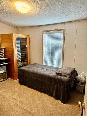 a bedroom with a bed and dresser