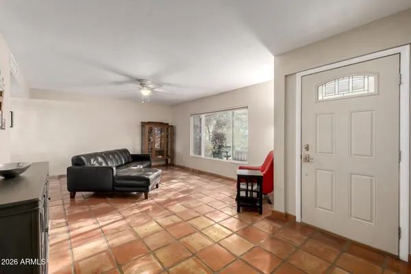 a view of a dining room with furniture