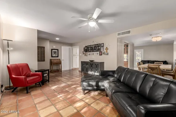 a view of a dining room with furniture