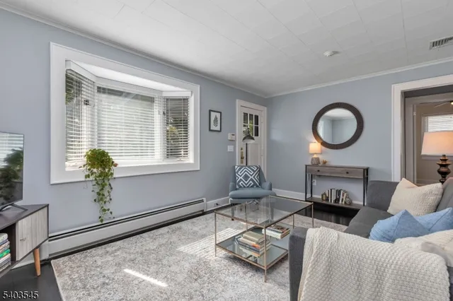 a living room with furniture a window and a potted plant