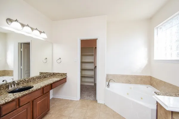 a bathroom with a granite countertop sink and a bathtub