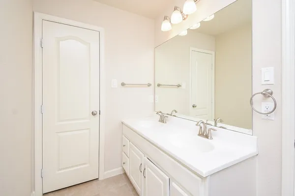 a bathroom with a sink vanity and a mirror