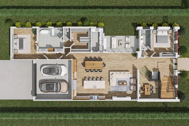 an aerial view of a house with a lake view