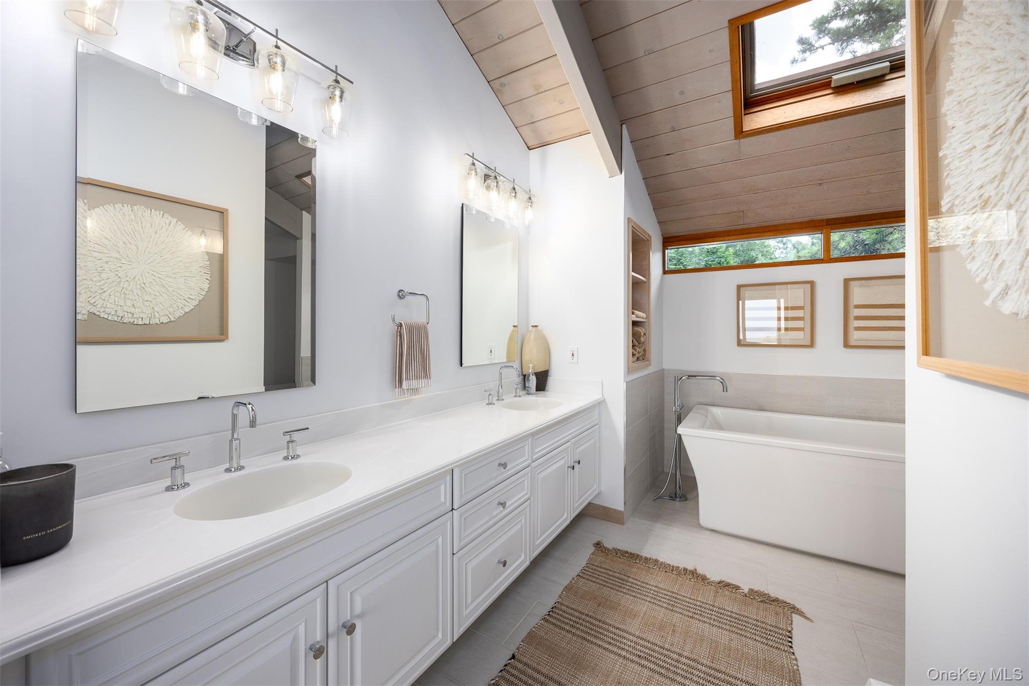 12 Mountain Brook Road Cornwall, NY 12518 - Photo 30 of 50 Bathroom featuring vaulted ceiling, double vanity, a soaking tub, and wooden ceiling