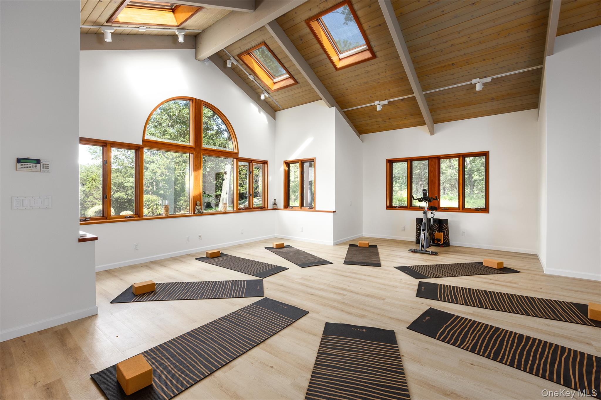 12 Mountain Brook Road Cornwall, NY 12518 - Photo 48 of 50 Exercise area featuring a skylight, wood finished floors, high vaulted ceiling, and wooden ceiling