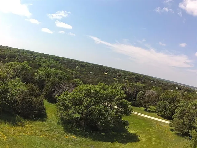 a view of a green field with trees in the background