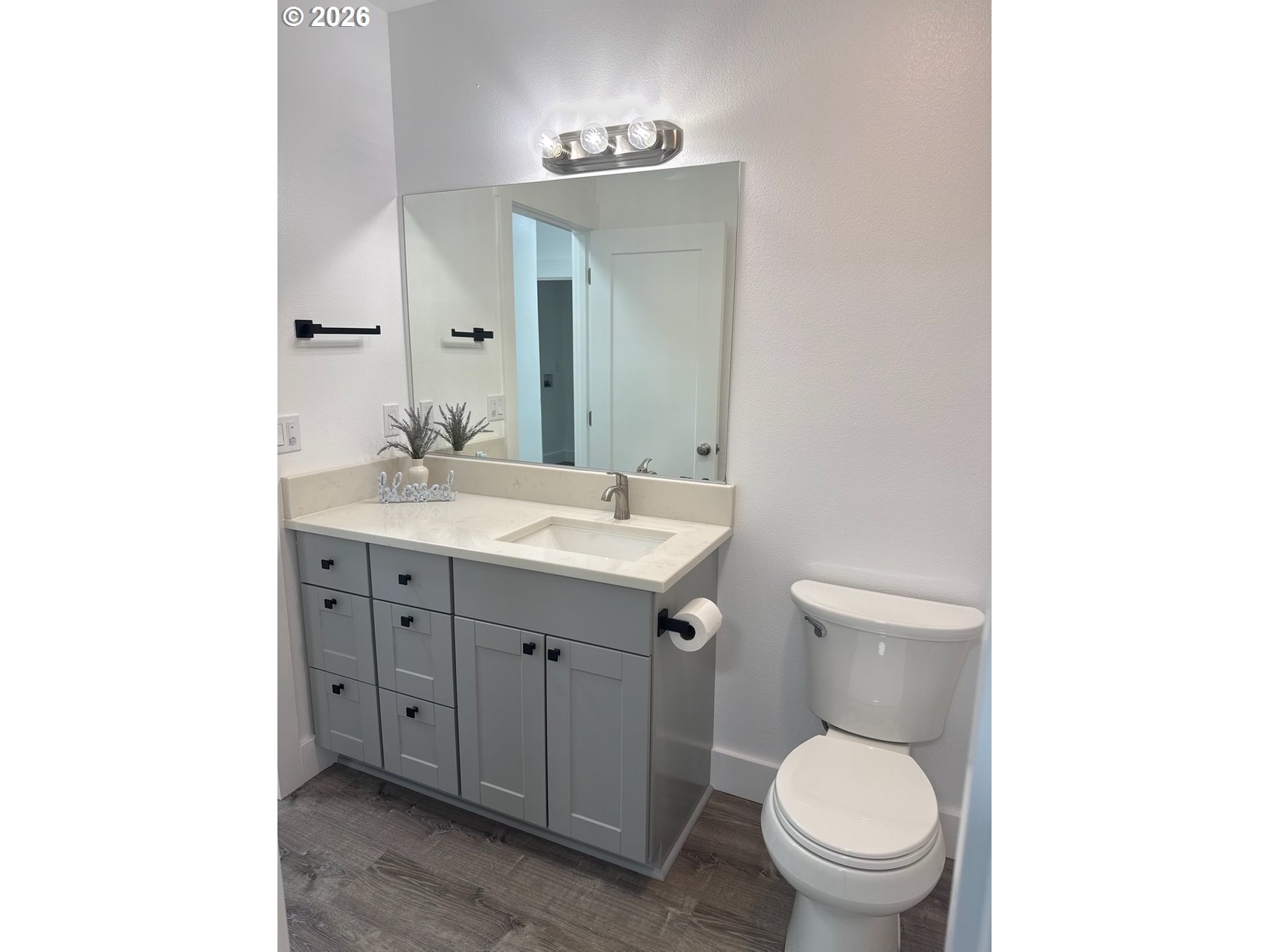 905 Monroe Street Harrisburg, OR 97446 - Photo 23 of 31 a bathroom with a toilet a sink a mirror and vanity