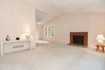 a view of a livingroom with furniture and a fireplace