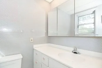 a bathroom with a sink a toilet and a window