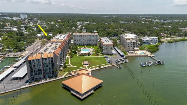 a view of a city with lawn chairs