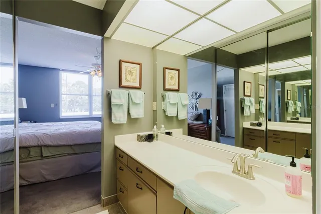 a bathroom with a sink and a large mirror