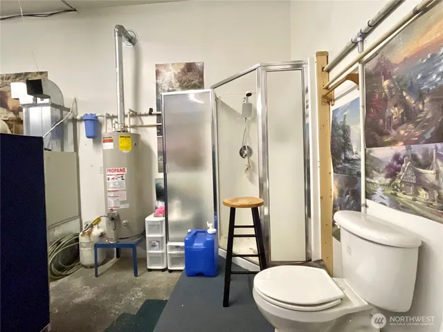 a bathroom with a toilet and a shower