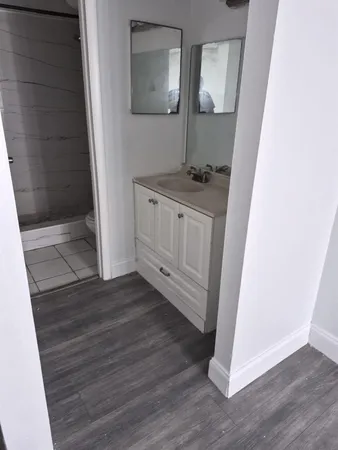 a bathroom with a sink and a mirror