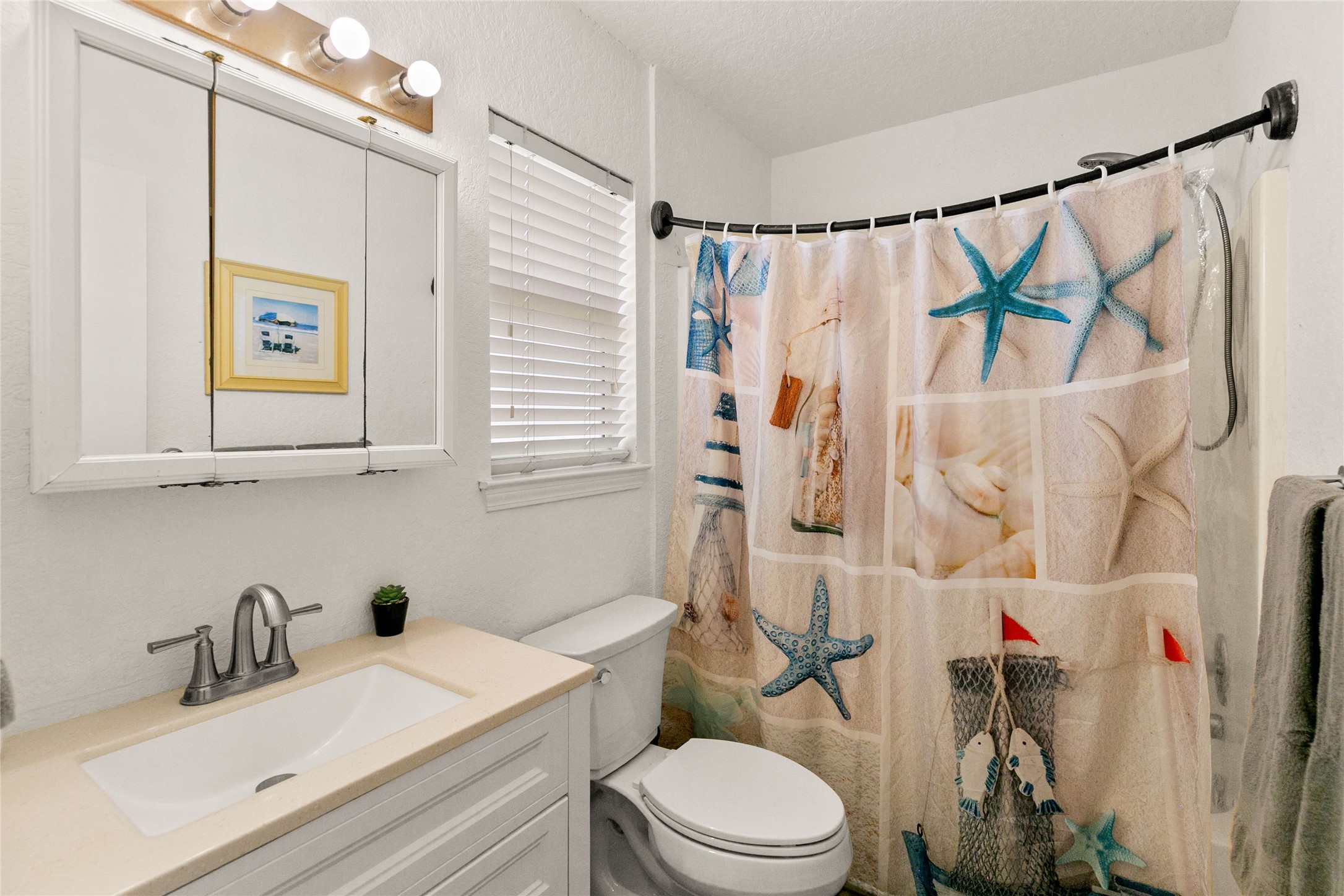 314 Beach Drive Surfside Beach, TX 77541 - Photo 15 of 38 a bathroom with a sink a toilet and shower curtain