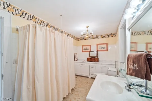 a bathroom with a sink a mirror and a shower