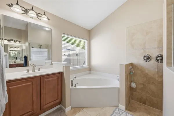 a bathroom with a tub sink shower and mirror