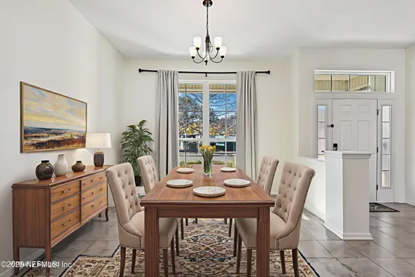 a view of a dining room with furniture window and outside view