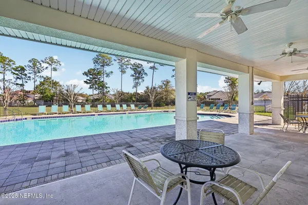 a view of a swimming pool and a yard