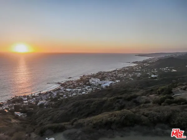 an aerial view of ocean and trees