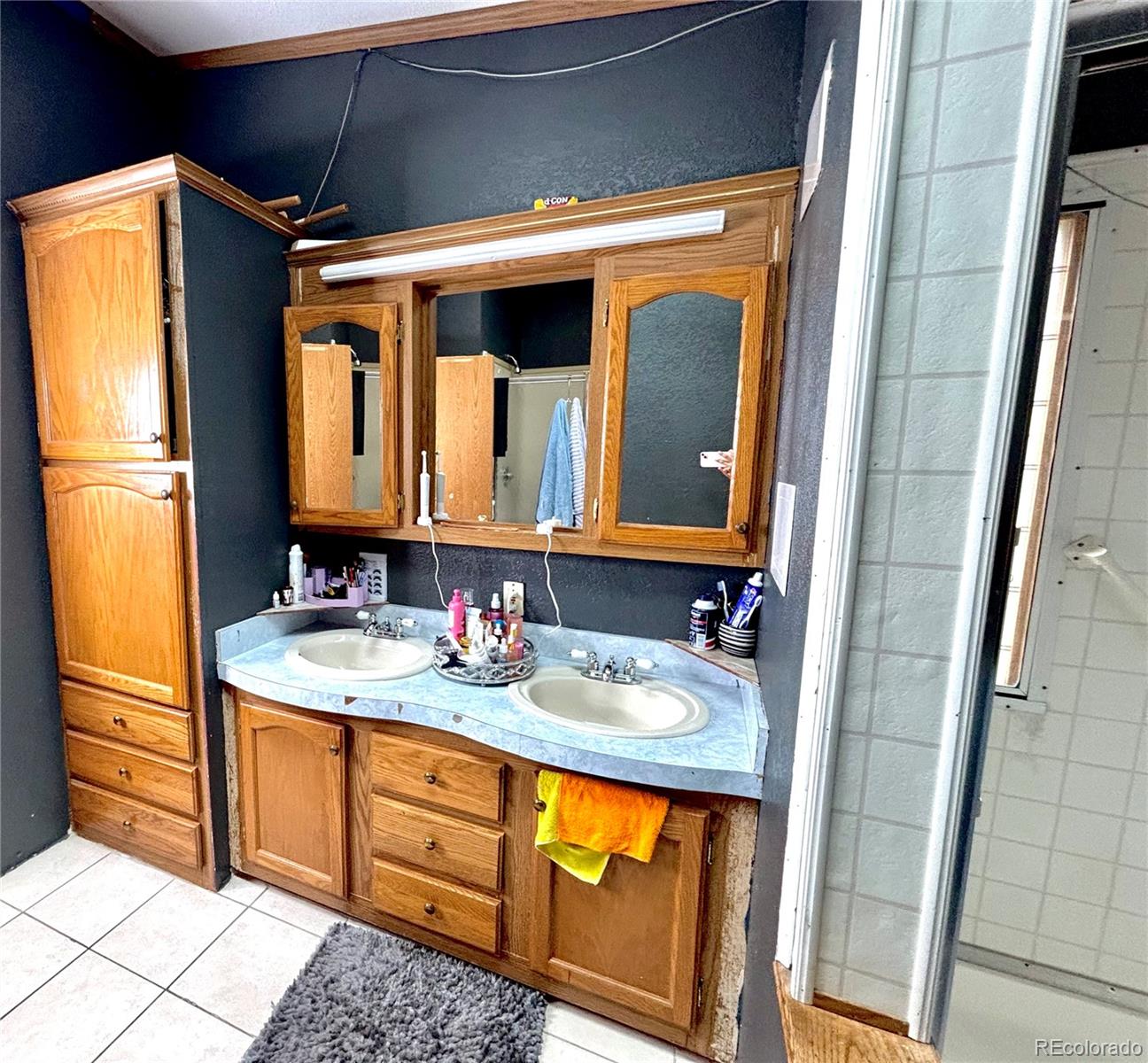 2660 Hawk Street Denver, CO 80260 - Photo 9 of 25 a bathroom with a sink a mirror and a shower