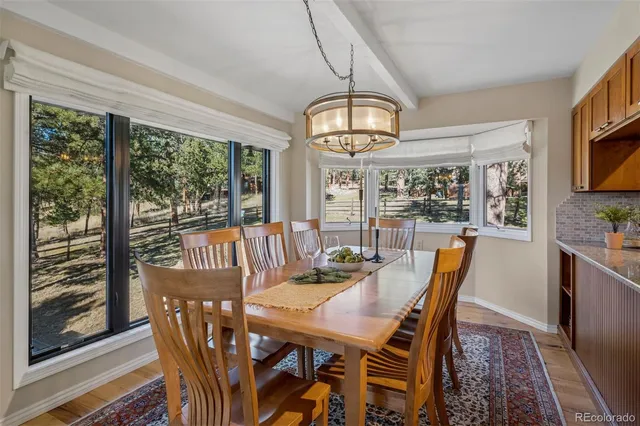 a view of a dining room with furniture window and outside view
