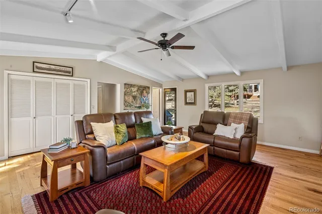 a living room with furniture a ceiling fan and a rug