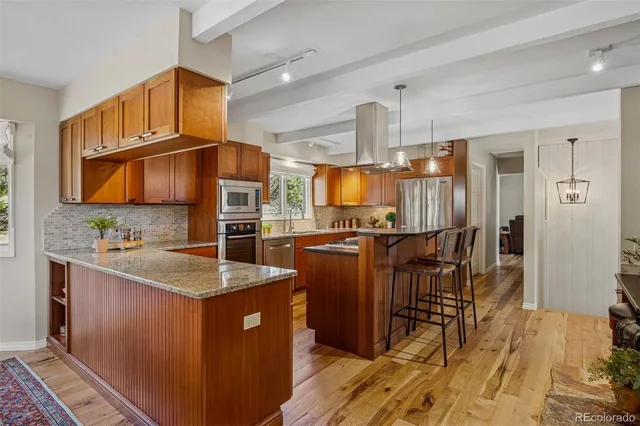 a kitchen with stainless steel appliances granite countertop a sink and a refrigerator