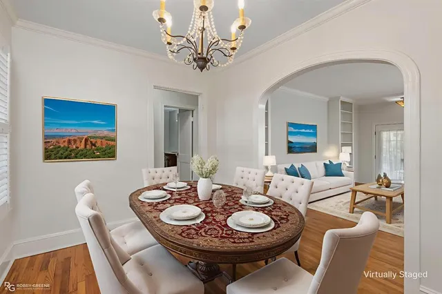 a view of a dining room with furniture