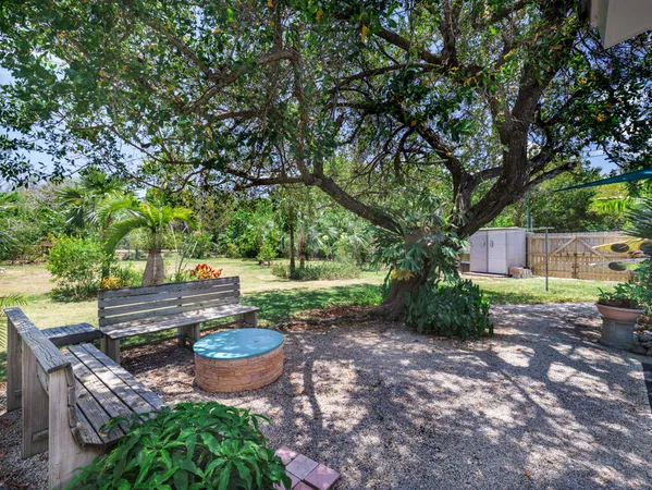 a view of a backyard with table and chairs potted plants and tree