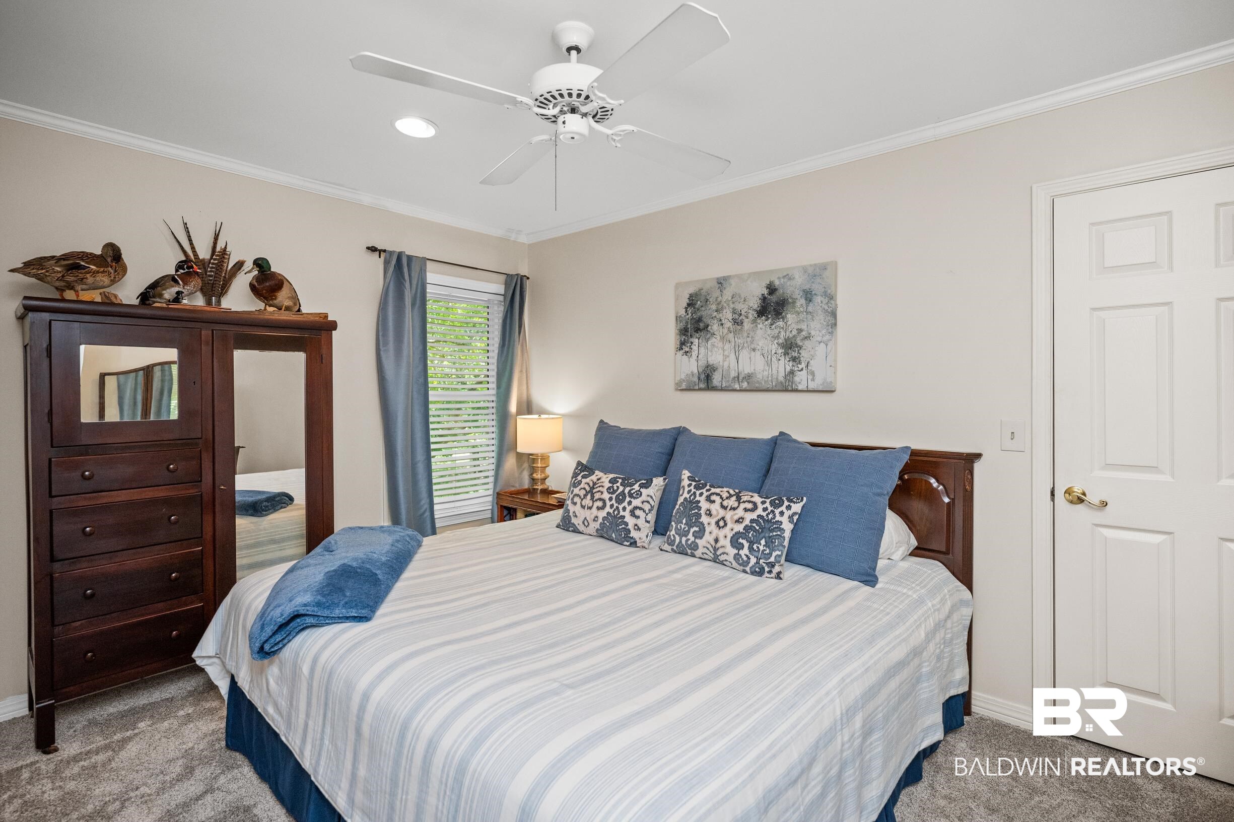 196 Morning Ridge Road Monroeville, AL 36460 - Photo 44 of 71 Bedroom with carpet floors, crown molding, a ceiling fan, and recessed lighting