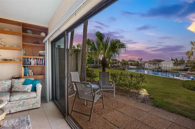 a view of a garden with a chair