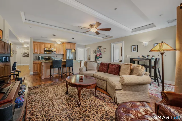 a living room with furniture and a dining table
