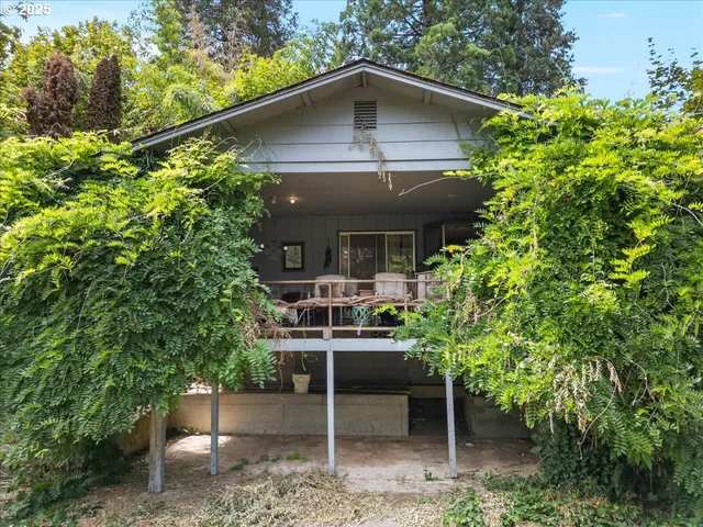 a front view of a house with plants
