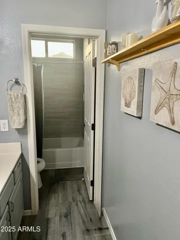 a bathroom with a sink and mirror with toilet
