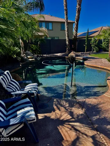 a garden view with a seating space