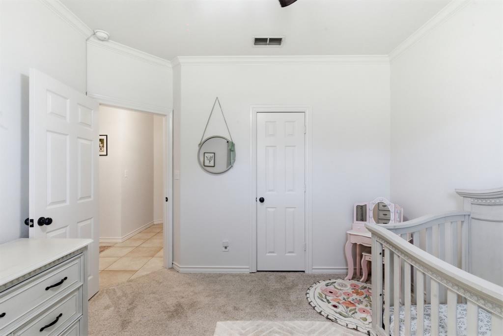 405 Zion Hill Road Weatherford, TX 76088 - Photo 19 of 38 Bedroom with a crib, light carpet, ornamental molding, and ceiling fan