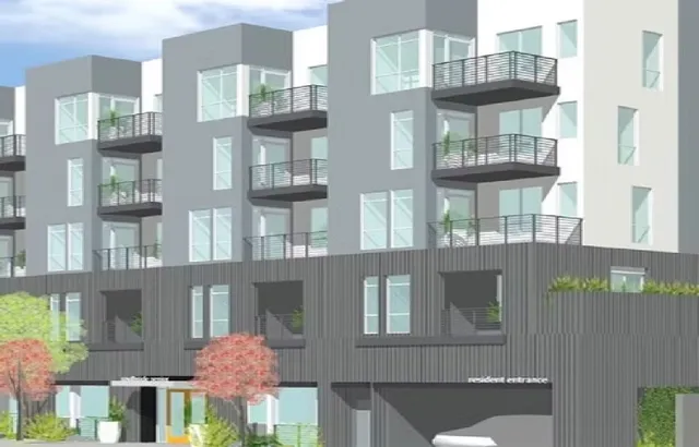 a front view of a multi story residential apartment building