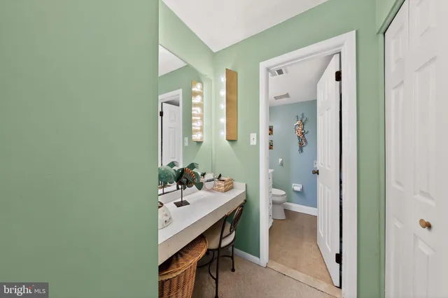 a bathroom with a sink vanity toilet and a mirror