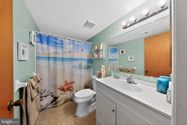 a bathroom with a sink mirror and toilet