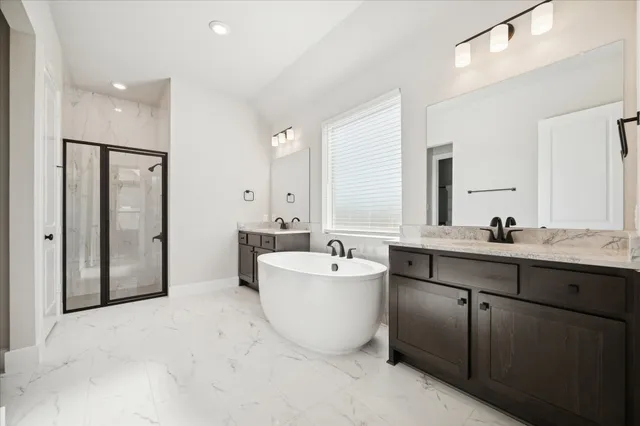 a bathroom with a tub sink shower and mirror