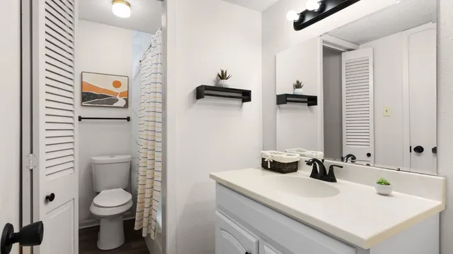 a bathroom with a toilet sink and mirror