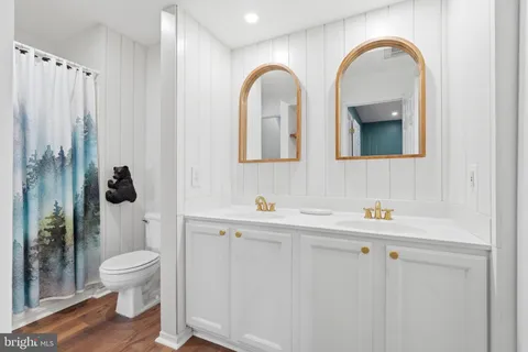 a bathroom with a toilet a sink and mirror