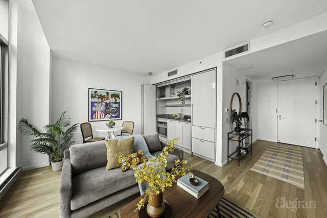 a living room with furniture fireplace and a potted plant