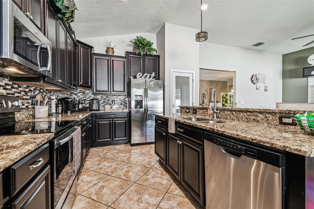 13807 Felix Will Road Riverview, FL 33579 - Photo 45 of 91 a kitchen with stainless steel appliances granite countertop a sink stove and oven