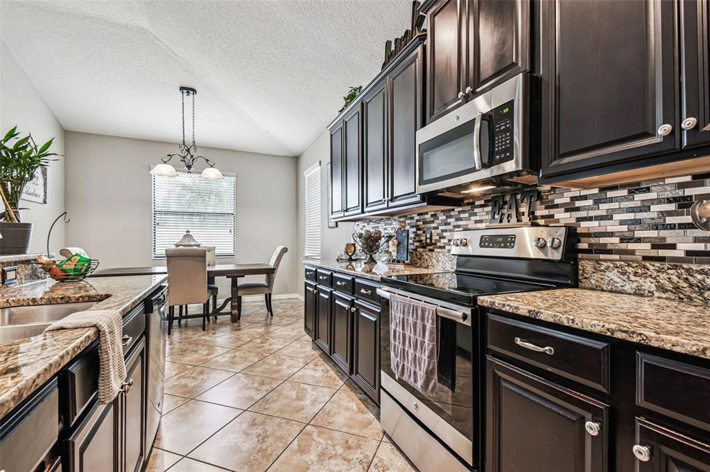 13807 Felix Will Road Riverview, FL 33579 - Photo 48 of 91 a kitchen with stainless steel appliances granite countertop a stove top oven a sink dishwasher a dining table and chairs with wooden floor
