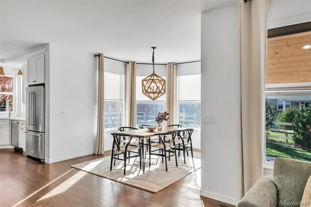 a view of a dining room with furniture and window