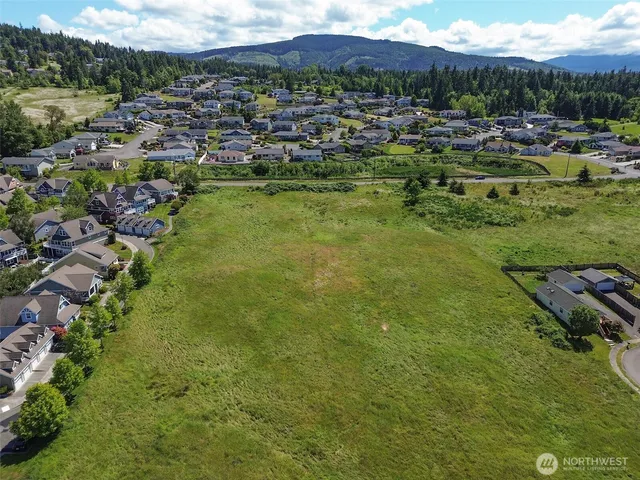 a view of a town with mountains in the background