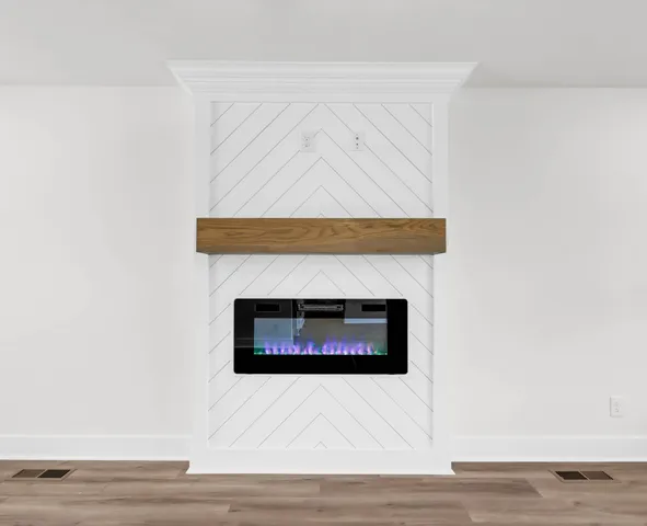 a living room with a fireplace