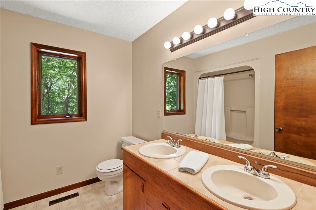 393 Trillium Ridge Boone, NC 28607 - Photo 25 of 50 a bathroom with a granite countertop double vanity sink a mirror and a toilet