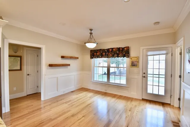 a view of a dining room with furniture